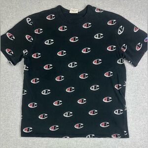 VTG Champion All Over Print T Shirt Mens XL Black‎ Heritage Y2K Loud Streetwear